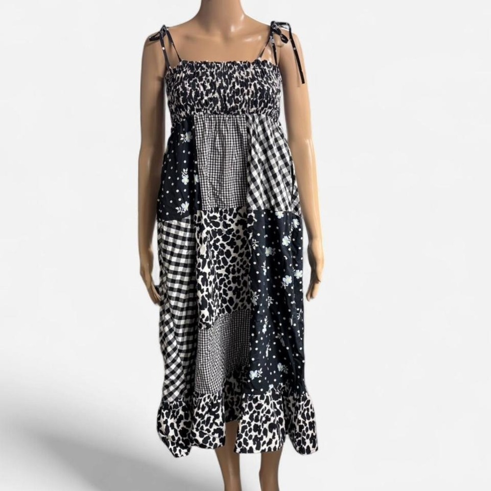 Sandy Liang x Target Patchwork Mixed Print Smocked Midi Dress Black White Small